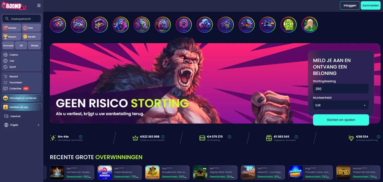 Boomsbet hoofdpagina overzicht screenshot
